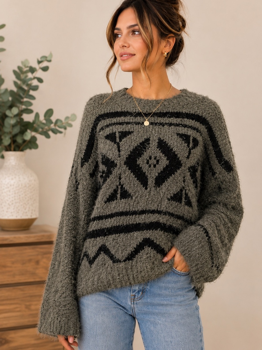 Moral Fiber Olive Gray Fuzzy Knit Crewneck Sweater with Black Pattern